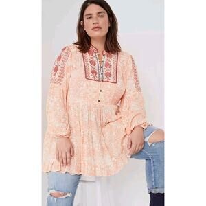 Anthropologie Tunic 1X Claudia Embroidered Babydoll Orange
